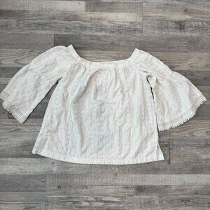 Ann Taylor Loft white embroidered eyelet off shoulder blouse bell sleeve XL C13
